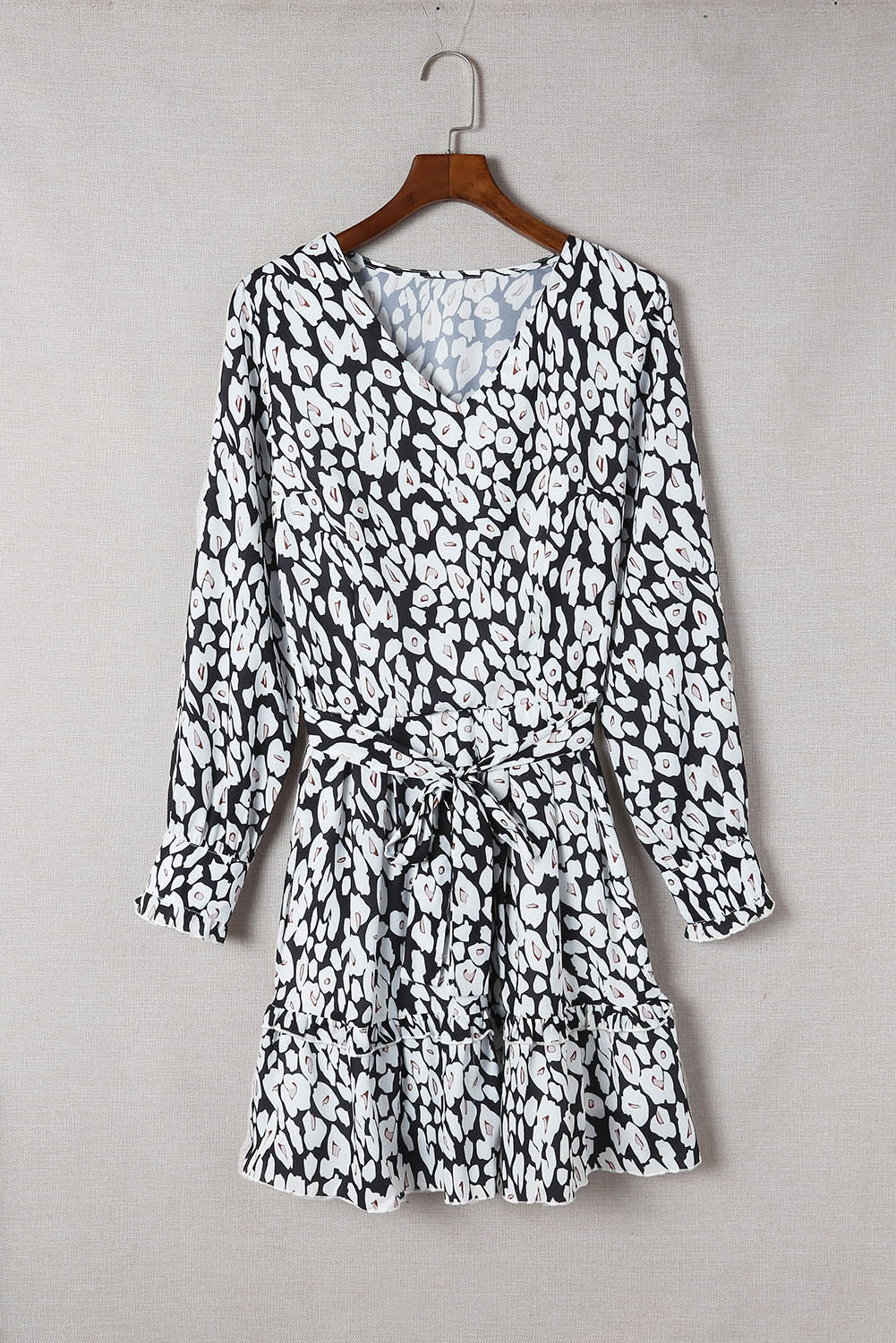 Printed Tie-Waist Long Sleeve A-line Dress