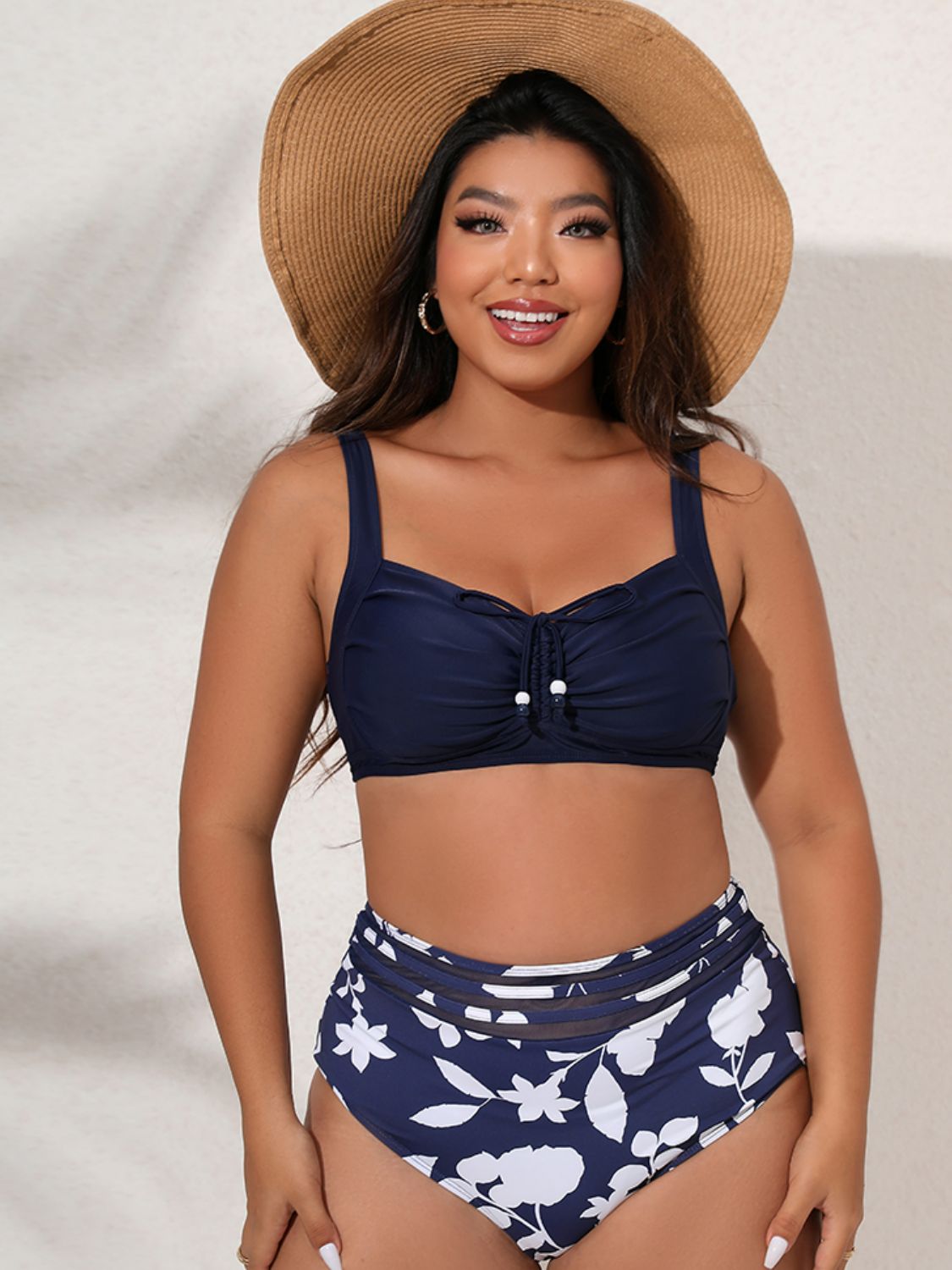 Plus Size Printed Gathered Detail Bikini Set