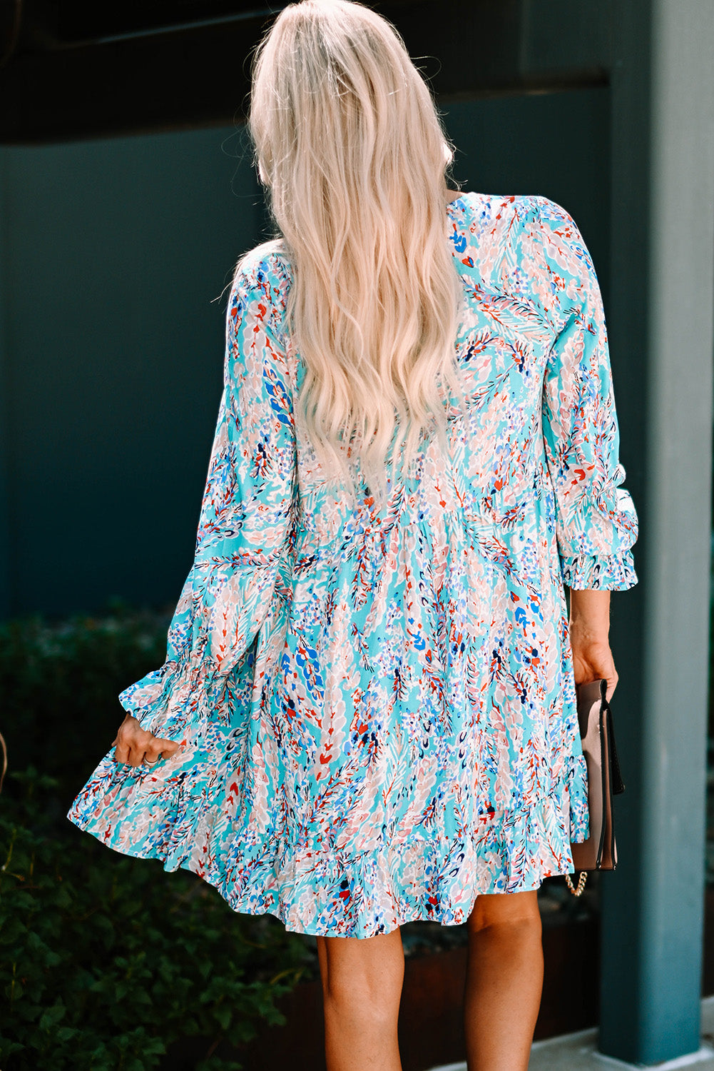 Printed Square Neck Smocked Ruffle Hem Dress