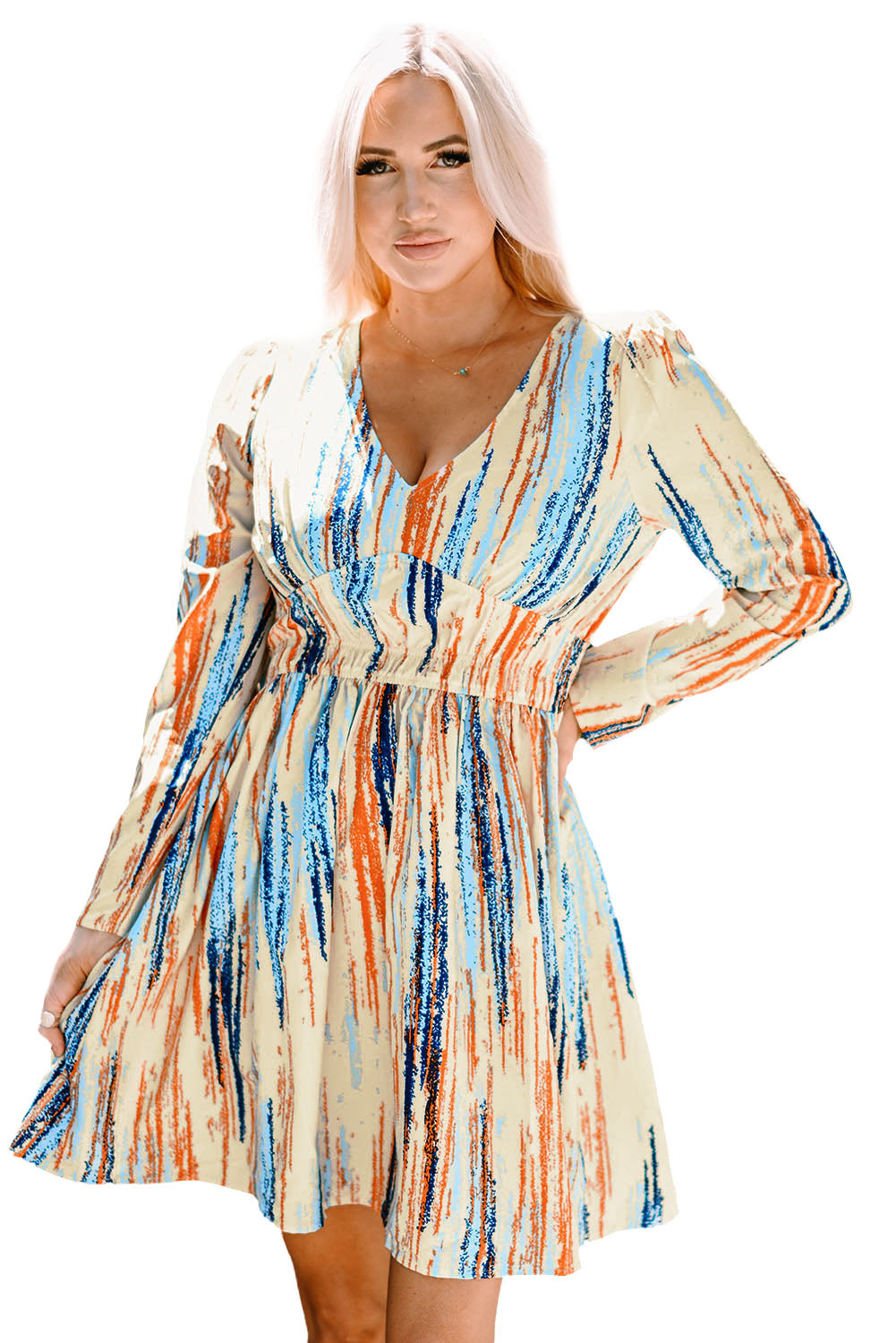 Printed V-Neck Long Puff Sleeve Mini Dress