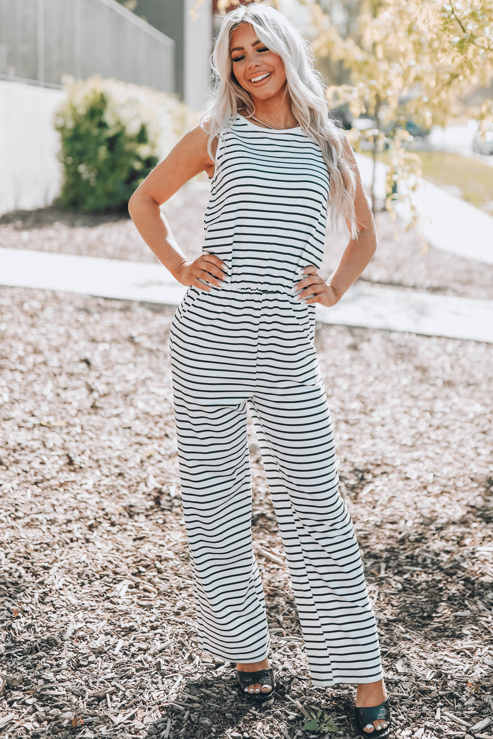 Striped Sleeveless Jumpsuit with Pockets